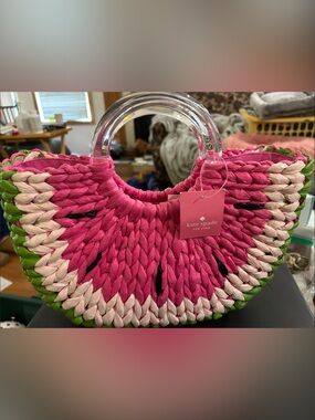 Kate Spade Pink Watermelon Straw Tote with Clear Handles picnic perfect